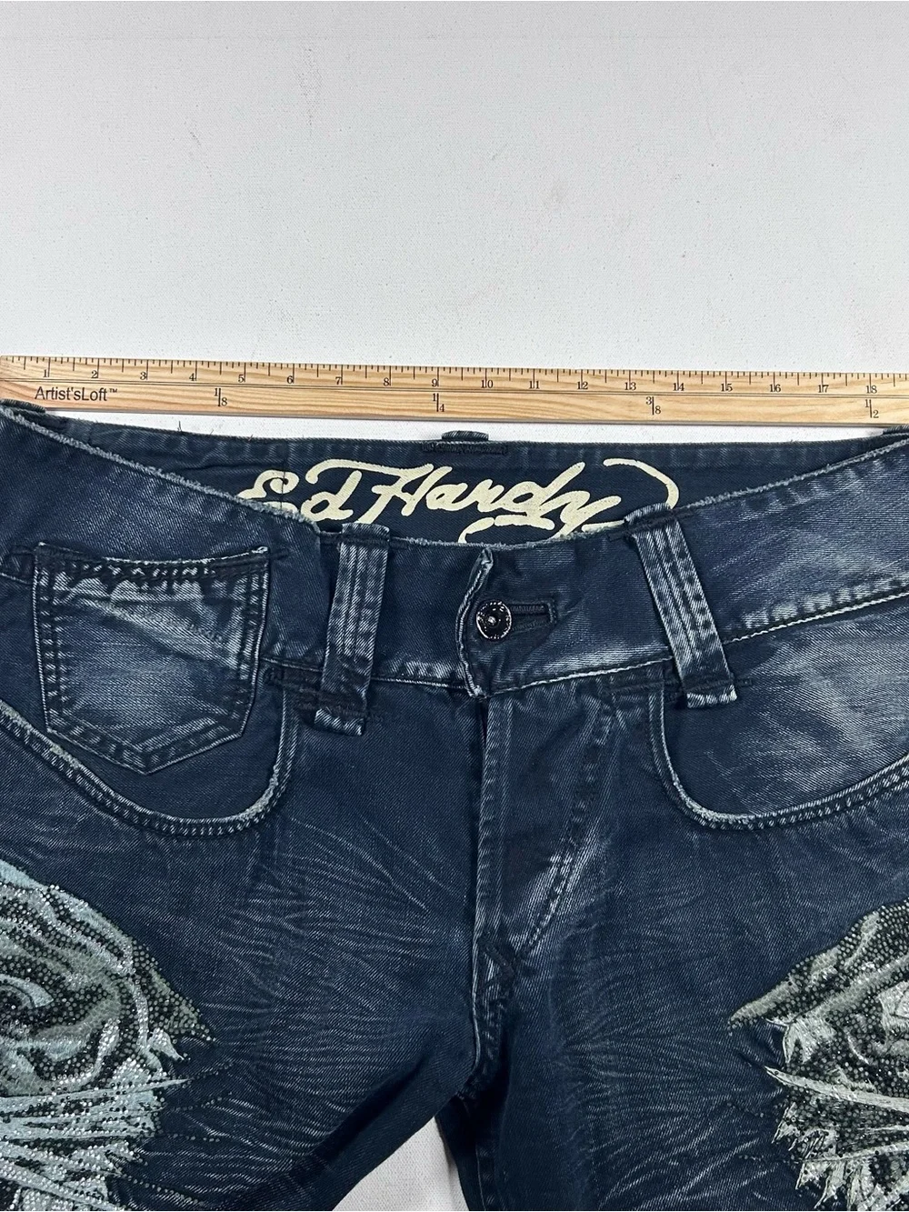 Ed Hardy Tiger Embroidery Jeans 38x32 Distressed Y2K Denim Pants Baggy Bedazzled